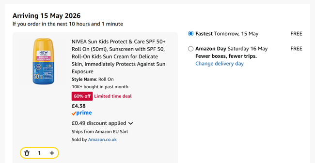 Screenshot showing NIVEA Sun Kids Protect & Care SPF 50+ Roll On (50ml) for £4.38 at Amazon
