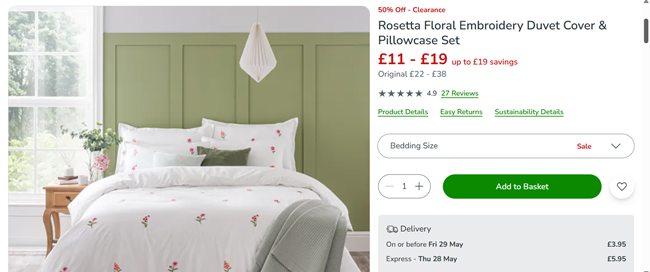 Screenshot showing 50% Off Rosetta Floral Embroidery Duvet Cover & Pillowcase Set at Dunelm