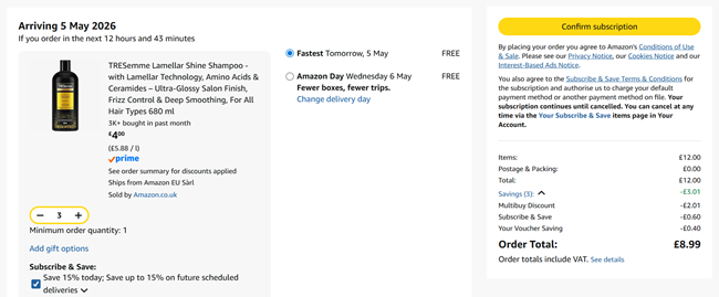 Screenshot showing TRESemme Lamellar Shine Shampoo 680ml 3 for £8.99 at Amazon
