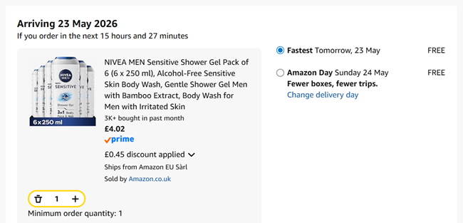 Screenshot showing Nivea Men Sensitive Shower Gel Pack of 6 x 250 ml for £4.02 at Amazon