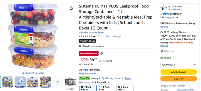 Screenshot showing Sistema KLIP IT PLUS Leakproof Food Storage Containers 1 L x 3 for £6.49 at Amazon