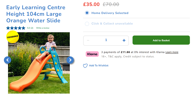 Screenshot showing Early Learning Centre Large Orange Water Slide for £35 at The Entertainer