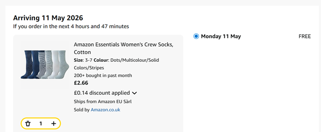 Screenshot showing Amazon Essentials Women's Cotton Crew Socks 6 Pairs for £2.66 at Amazon