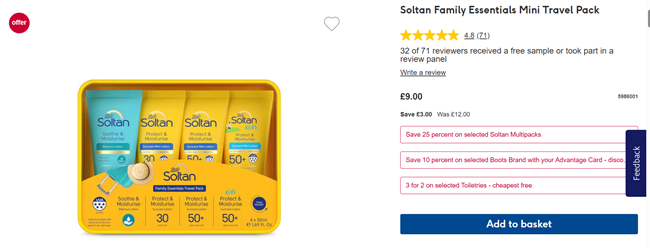 Screenshot showing Soltan Family Essentials Mini Travel Pack at Boots