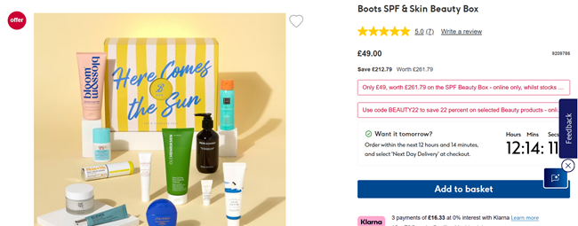 Screenshot showing Boots SPF & Skin Beauty Box at Boots