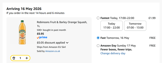 Screenshot showing Robinsons Fruit & Barley Orange Squash 1L for 95p at Amazon