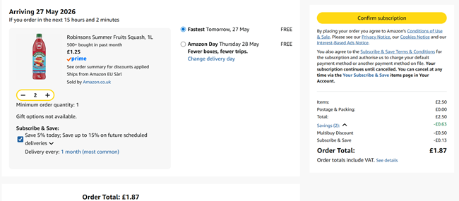 Screenshot showing Robinsons Squash 1L 2 for £1.87 at Amazon