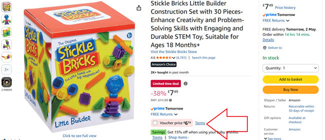 Screenshot showing Stickle Bricks Little Builder Construction Set at Amazon