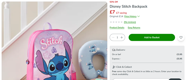 Screenshot showing Disney Stitch Backpack for £7 at Dunelm