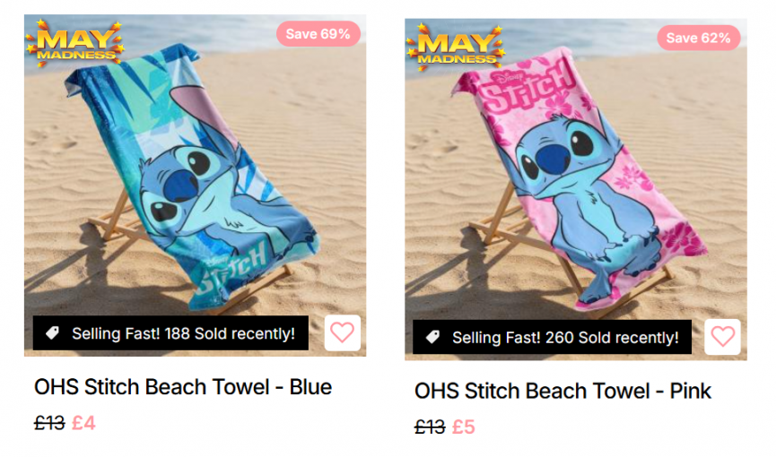 Screenshot showing Disney Stitch Beach Towels at Online Home Shop