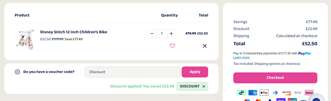 Screenshot showing Disney Stitch 12 Inch Children's Bike for £52.50 with code at Bargain Max