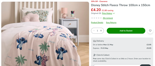 Screenshot showing Disney Stitch Fleece Throw for £4.20 at Dunelm