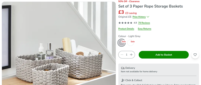 Screenshot showing Set of 3 Paper Rope Storage Baskets for £3 at Dunelm