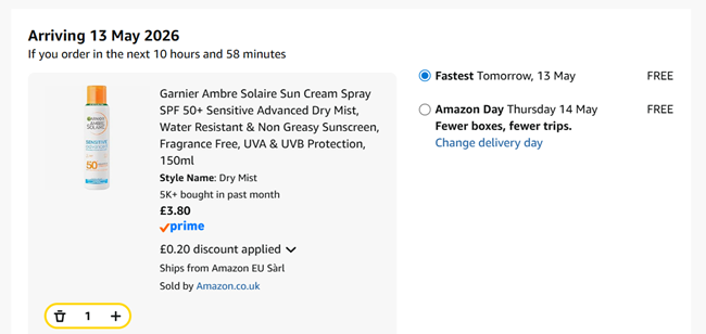Screenshot showing Garnier Ambre Solaire Sun Cream Spray SPF 50+ for £3.80 at Amazon