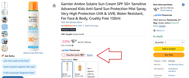 Screenshot showing Garnier Ambre Solaire Sun Cream SPF 50+ Sensitive Advanced Kids Anti-Sand Sun Protection Mist Spray at Amazon