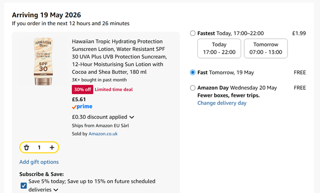 Screenshot showing Hawaiian Tropic Water Resistant Sunscreen Lotion SPF 30 180 ml for £5.61 at Amazon