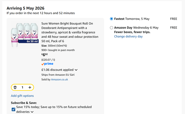 Screenshot showing Sure Women Bright Bouquet Roll On Deodorant Antiperspirant Pack of 6 for £6.02 at Amazon