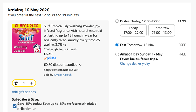Screenshot showing Surf Tropical Lily Washing Powder 75 washes 3.75 kg for £6.30 at Amazon
