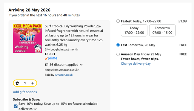 Screenshot showing Surf Tropical Lily Washing Powder 125 washes 6.25 kg for £10.51 at Amazon