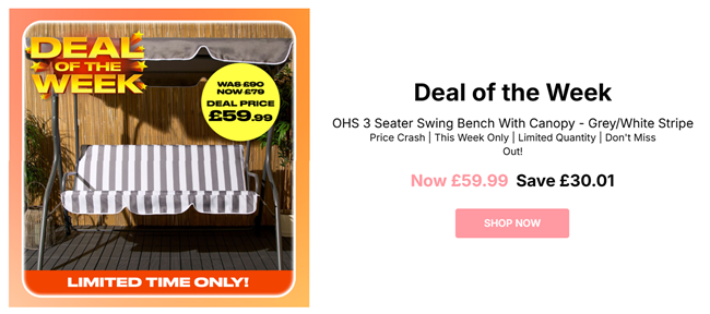 Screenshot showing OHS 3 Seater Swing Bench With Canopy for £59.99 at Online Home Shop