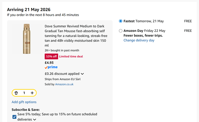 Screenshot showing Dove Summer Revived Medium to Dark Gradual Tan Mousse for £4.93 at Amazon