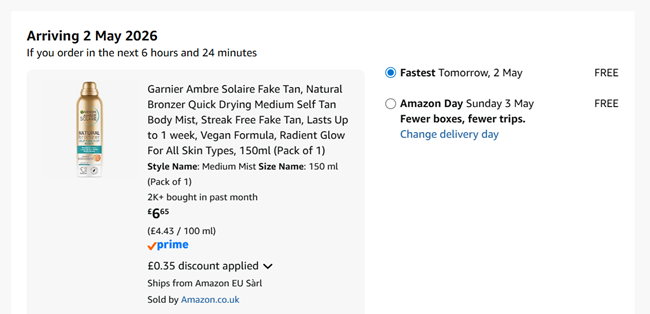 Screenshot showing Garnier Ambre Solaire Natural Bronzer Quick Drying Medium Self Tan Body Mist for £6.65 at Amazon