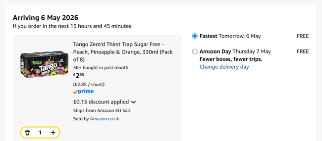 Screenshot showing Tango Zero’d Thirst Trap Sugar Free - Peach, Pineapple & Orange, 330ml (Pack of 8) for £2.85 at Amazon