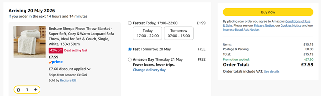 Screenshot showing Bedsure Sherpa Fleece Throw Blanket for £7.59 at Amazon / Bedsure EU