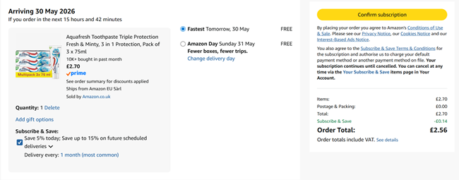 Screenshot showing Aquafresh Toothpaste Triple Protection Fresh & Minty, Pack of 3 x 75ml for £2.56 at Amazon