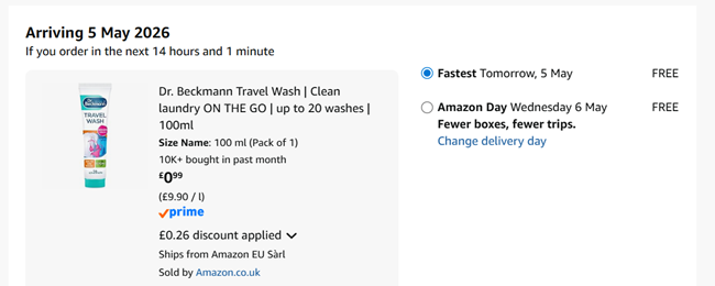 Screenshot showing Dr. Beckmann Travel Wash 100ml for 99p at Amazon