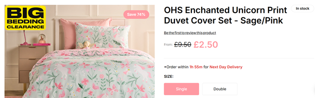 Screenshot showing Enchanted Unicorn Print Duvet Cover Set from £2.50 at Online Home Shop