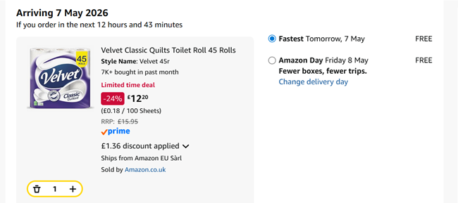 Screenshot showing Velvet Classic Quilts Toilet Roll 45 Rolls for £12.20 at Amazon