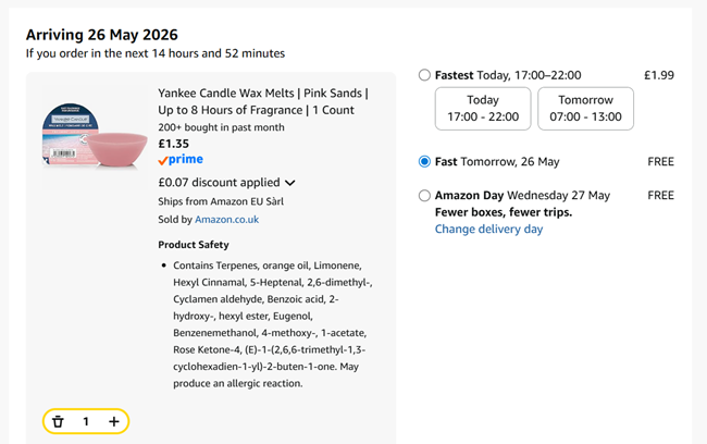 Screenshot showing Yankee Candle Wax Melt for £1.35 at Amazon