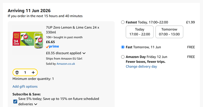 Screenshot showing 7UP Zero Lemon & Lime Cans 24 x 330ml for £6.65 at Amazon