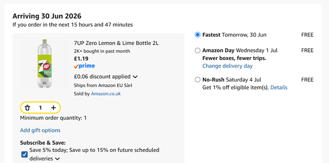 Screenshot showing 7UP Zero Lemon & Lime Bottle 2L for £1.19 at Amazon