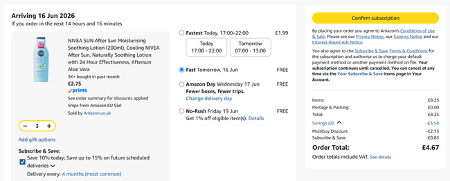 Screenshot showing NIVEA SUN After Sun Moisturising Soothing Lotion 200ml 3 for £4.67 at Amazon