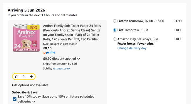 Screenshot showing Andrex Family Soft Toilet Paper 24 Rolls for £8.10 at Amazon