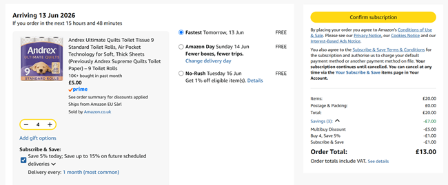 Screenshot showing Andrex Ultimate Quilts Toilet Tissue 9 Standard Toilet Rolls x 4 for £13 at Amazon