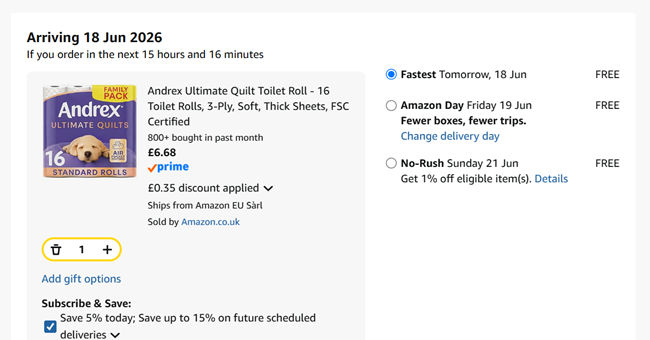 Screenshot showing Andrex Ultimate Quilts 16 Toilet Rolls for £6.68 at Amazon