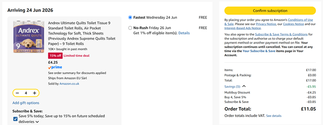 Screenshot showing Andrex Ultimate Quilts Toilet Tissue 9 Standard Toilet Rolls x 4 for £11.05 at Amazon