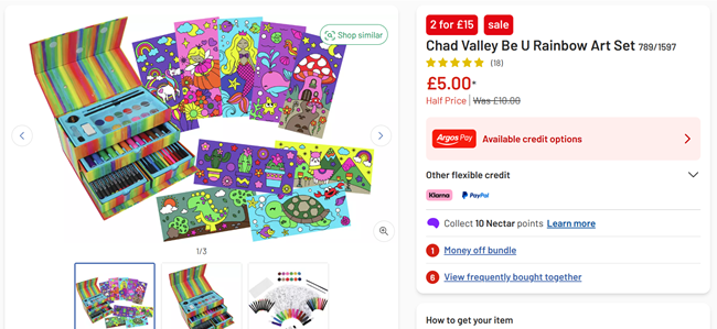 Screenshot showing Chad Valley Be U Rainbow Art Set for £5 at Argos