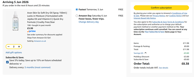 Screenshot showing Avon Skin So Soft Dry Oil Spray 150ml 2 for £8.38 at Amazon