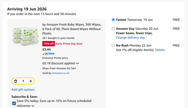 Screenshot showing by Amazon Fresh Baby Wipes 6 Pack for £3.44 at Amazon