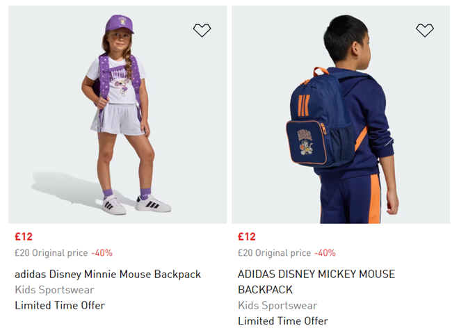 Screenshot showing Adidas Disney Mickey or Minnie Mouse Backpack for £12 at Adidas