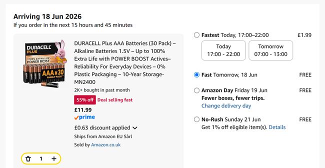 Screenshot showing DURACELL Plus AAA Batteries 30 Pack for £11.99 at Amazon