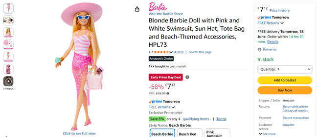 Screenshot showing Beach Themed Blonde Barbie Doll for £7.12 at Amazon