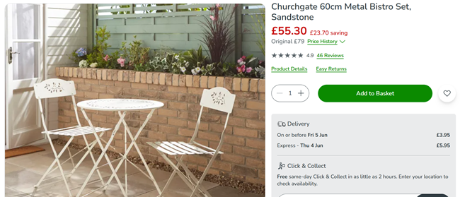 Screenshot showing Churchgate 60cm Metal Bistro Set, Sandstone for £55.30 at Dunelm