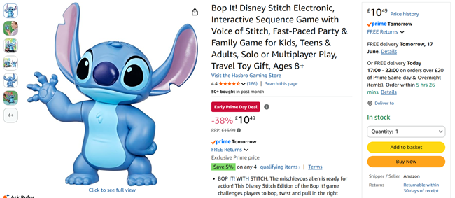 Screenshot showing Bop It! Disney Stitch Electronic Game for £10.49 at Amazon