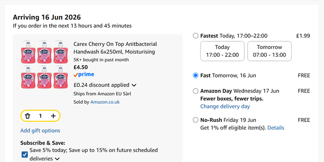 Screenshot showing Carex Cherry On Top Antibacterial Handwash 6x250ml for £4.50 at Amazon