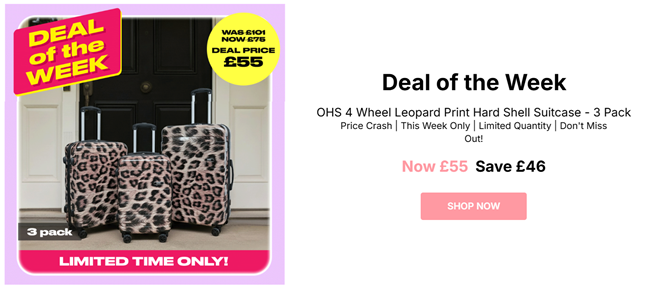 Screenshot showing 4 Wheel Leopard Print Hard Shell Suitcase 3 Pack for £55 at Online Home Shop
